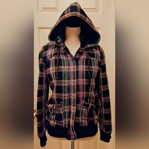 Y2K ROXY First Love Multi Color Plaid Hooded Full Zip Jacket.